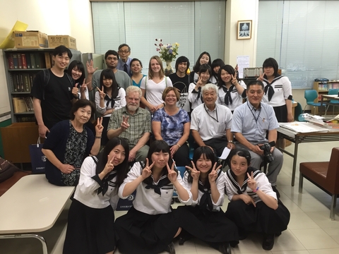 Dr. GoldbergBelle posing with students at Ashikaga Girls High School