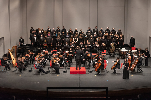 aerial photograph of orchestra and choir