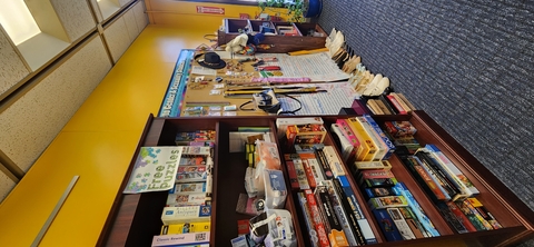 Shelf of books, puzzles, and games.