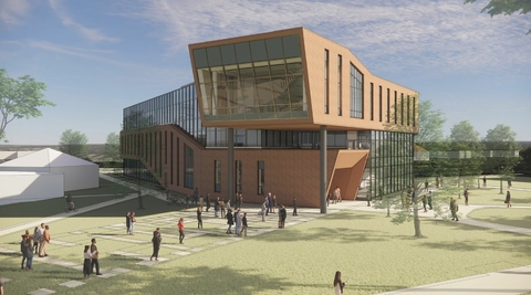 Rendering of new Library Commons with modern architecture, large windows and people at the quad entrance.