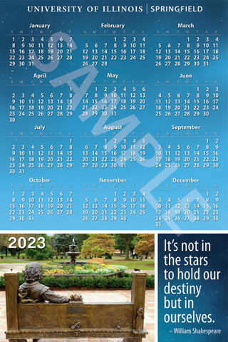 12 month calendar with photo of Shakespeare quote and statue