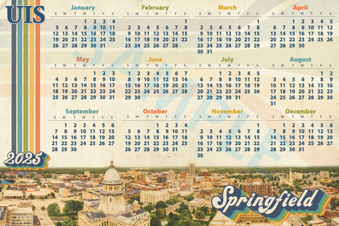 horizontal calendar with retro 1970's feel that has a bird's eye view of downtown Springfield