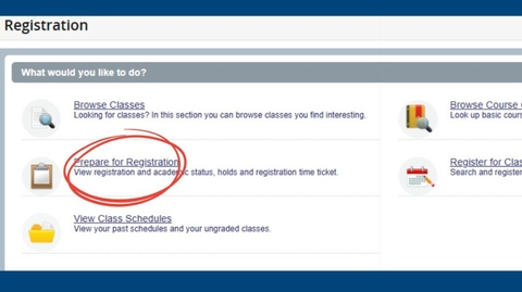 Registration window with Prepare for classes circled in red.