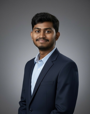 Professional headshot of Tharun wearing a blue button-down shirt and navy blue blazer with a neutral background.