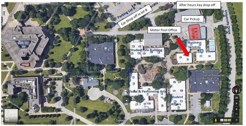 a map displaying that the motor pool office is on the west side of the Business Services Building, Car Pickup is North of the Business Services Building, and Car drop off is in lot B.