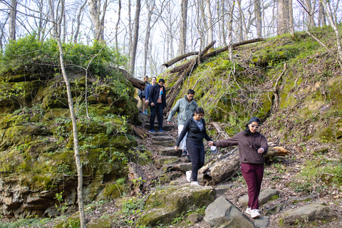 several people hiking down a trail