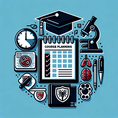 Course Planning Icon for Pathology which include tools like Microscope and clock and symbols like books and graduation.