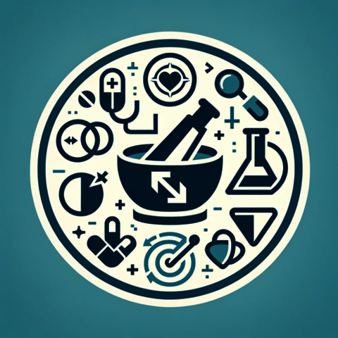 Icon that has tools and stuff that represent pharmacy like medicines and preparation of it.