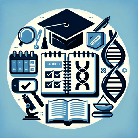Genetic Counselor Course Planning Icon consisting of Books, Graduation and DNA Symbol to represent course planning.