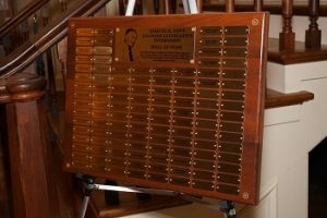 The Samuel K. Gove Hall of Fame plaque from the Illinois State Capitol is displayed at the 2019 Hall of Fame Reception.