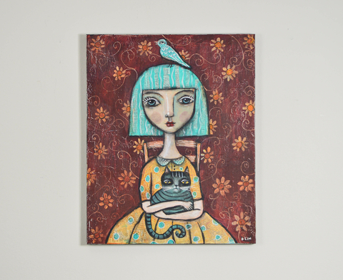 painting of a woman with blue hair