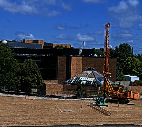 Drill rig on the Library Commons construction site.