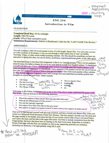 scanned sample annotated prompt with sections highlighted and notes written on the page