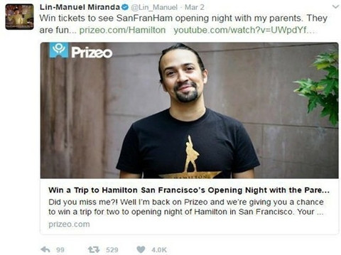 Screenshot of a tweet from Lin-Manuel Miranda linking to a chance to win tickets to a Hamilton performance with Miranda's parents. 