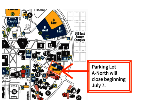 Map highlighting parking lot a-north with a note that it will close beginning July 7