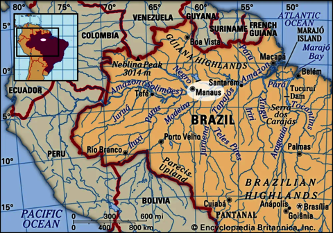 Map of Brazil highlighting the north-central city of Manaus where the Negro and Amazon river meet
