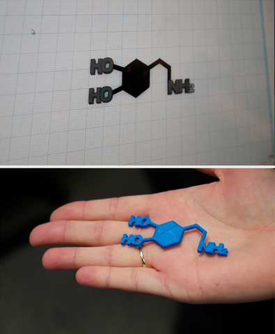 Two pictures: one of a molecule on graph paper, the other is the 3D printed version in a person's hand