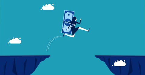 illustration of a woman leaping over a cliff onto another cliff with money strapped to her back