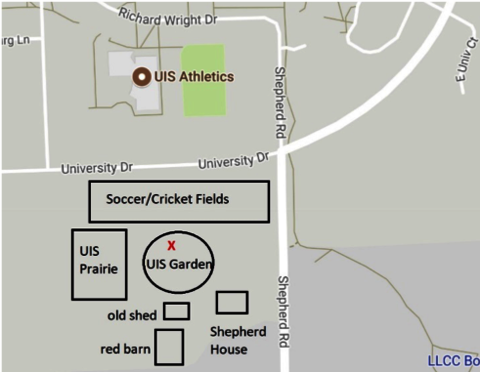 a map showing that the UIS Garden is on the South end of campus, off of Shephard road. It is South of the soccer fields and North of the Shephard House.