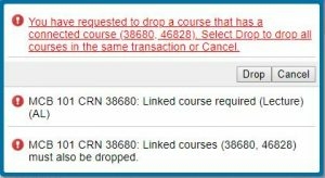 Error message for when a student tries to drop a class that is linked to another class.