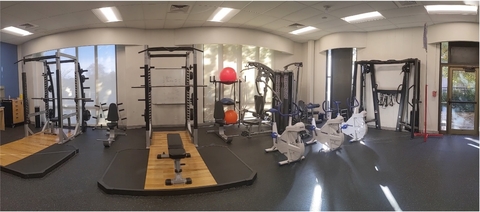 Exercise Physiology & Strength Lab looking at strength equipment and exercise bikes.