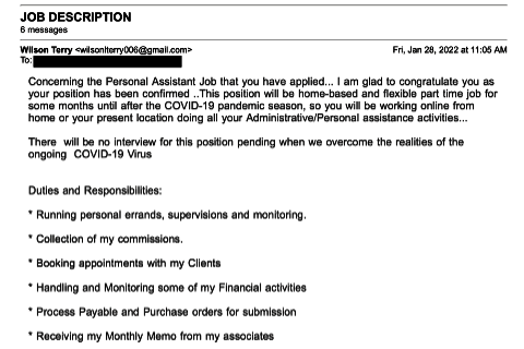 screenshot of an email displaying social engineering of a scam job offer to attack a phishing victim