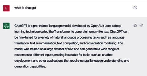 What is ChatGPT? ChatGPT is a pre-trained language model developed by OpenAI. It uses a deep learning technique called the Transformer to generate human-like text. ChatGPT can be fine-tuned for a variety of natural language processing tasks such as language translation, text summarization, text completion, and conversation modeling. The model was trained on a large dataset of text and can generate a wide range of responses to different inputs, making it suitable for tasks such as chatbot development and other applications that require natural language understanding and generation capabilities.