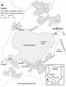 map that shows the location of major greenhouse complexes and open-air horticultural farms near Kenya’s Lake Naivasha