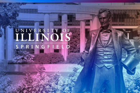 UIS logo with photo of the colonnade and statue of Lincoln