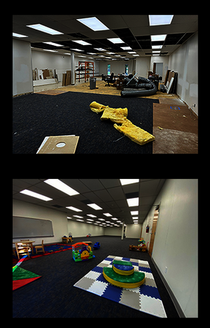 The new children's center space in WUIS during construction and putting the finishing touches in place
