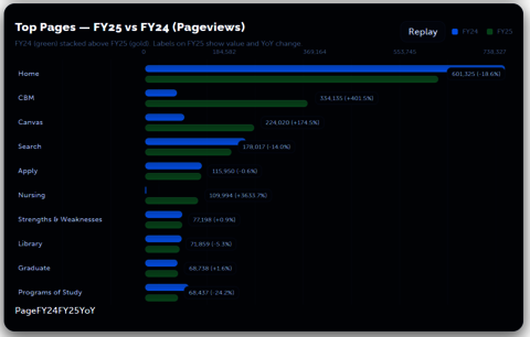 Bar chart titled “Top Pages — FY25 vs FY24 (Pageviews)” comparing website pageviews between fiscal years 2024 and 2025. 