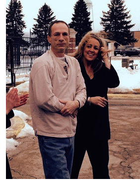 Christopher Abernathy, the moment he stepped out of Illinois Stateville Correctional Center with IIP Staff Attorney Lauren Kaeseberg.