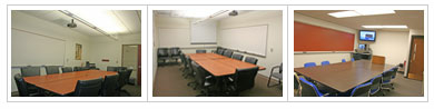 Photos of Classrooms that have furniture arranged in a boardroom style.