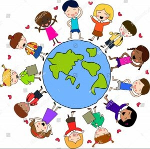 illustration of planet Earth with kids from all walks of life surrounding it