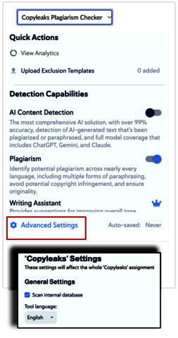 Copyleaks Canvas Assignment Settings