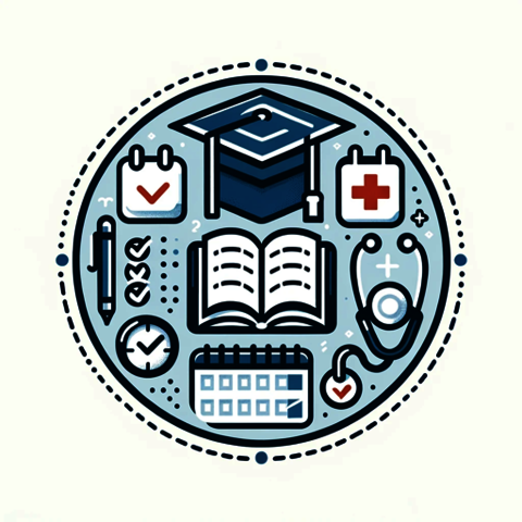 Nursing Course Planning Icon with symbols of graduation, books, stethoscope and a calendar which represents planning related to medical field.