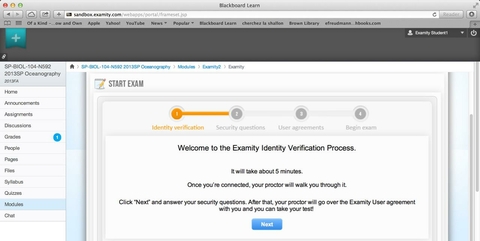 Start Exam Screen: "Welcome to the Examity Identity Versification Process"
