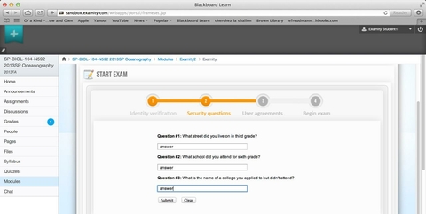 Start Exam Screen: "Security Questions"