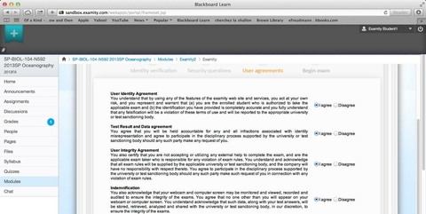 Start Exam Screen: "User Agreements"
