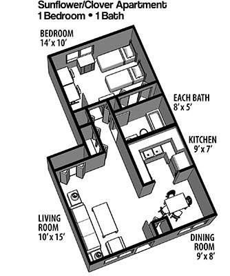 Sunflower and Clover One Bedroom floor plan