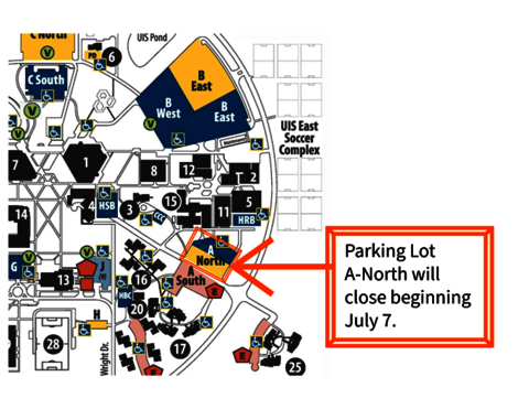 Aerial view of Parking Lot A-North, which will close beginning Monday, July 7.