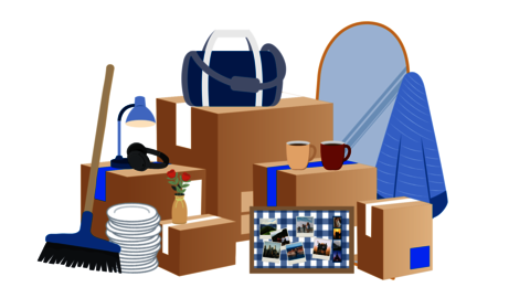 Packed boxes. Around the boxes are a mirror, a towel, mugs, a flower, plates, a lamp, headphones, a broom and a cork board with pictures.