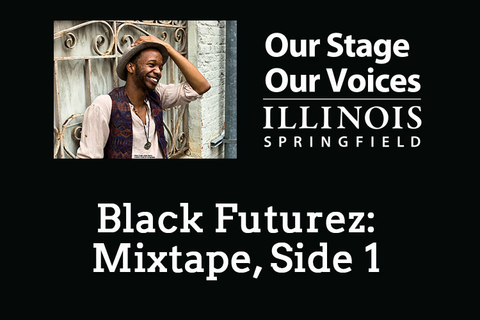 Picture of Reggie Guyton next to "Our Stage, Our Voices" UIS logo