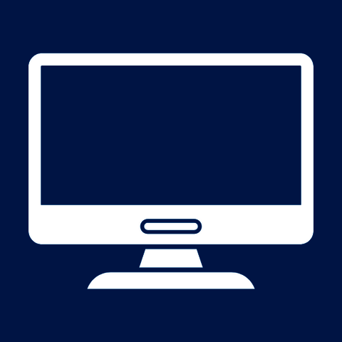 White computer icon with blue background.