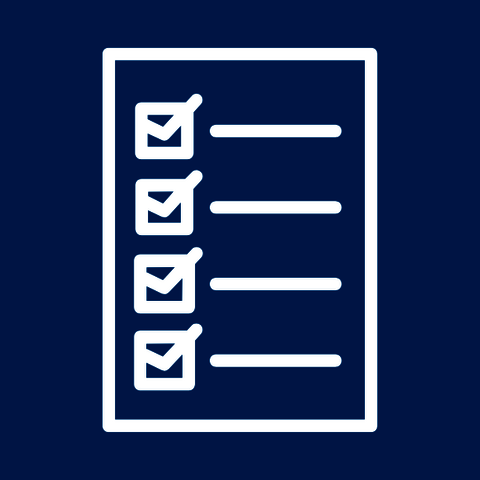 White test icon with blue background.