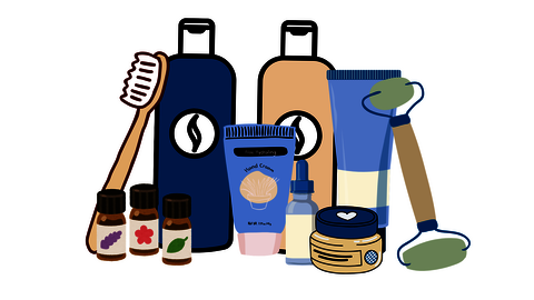 Toiletries, including shampoo, conditioner, hand cream, essential oils and a toothbrush.