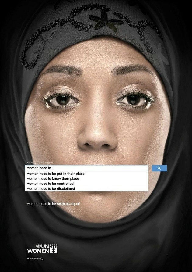 woman in hijab with superimposed google search engine over her mouth with the words "women need to..." in the search bar and the search results it gets