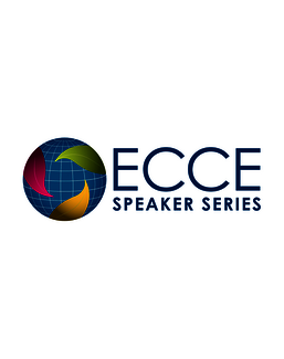 Blue globe with colorful leaves and grid lines on the left, next to bold blue text "ECCE Speaker Series" on a white background.