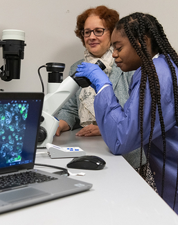 Two women in lab coats examining slides under a microscope.