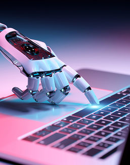 Robot hand typing on a laptop keyboard, glowing in neon light.